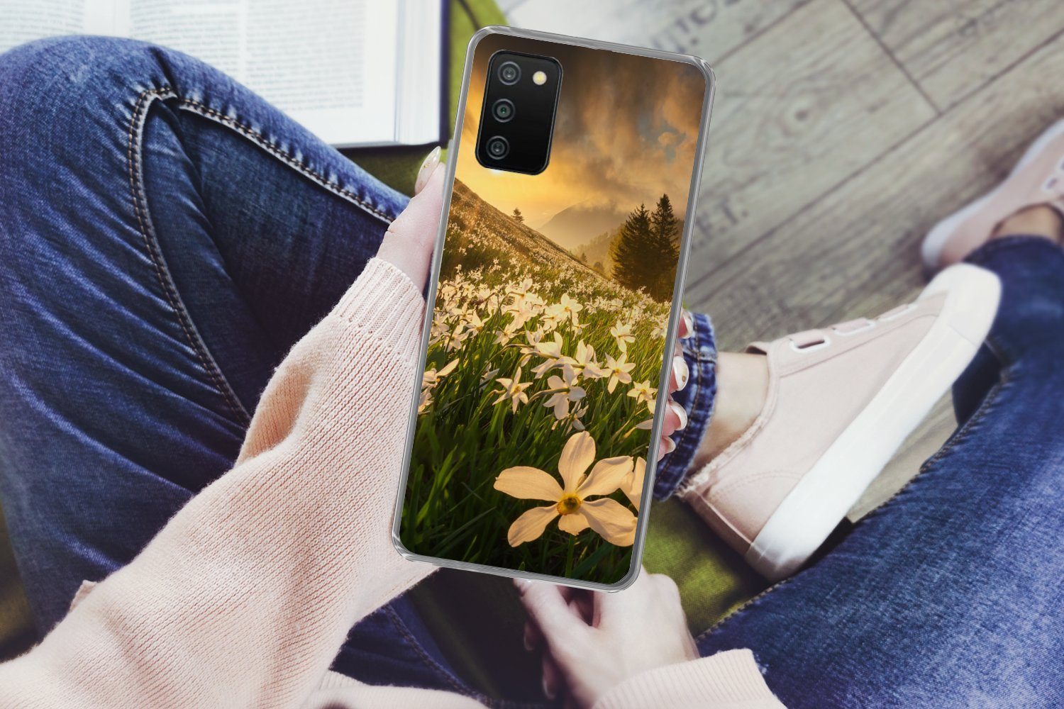 MuchoWow Handyhülle für Samsung Galaxy A03s Blumenfeld - Hügel - Sonnenuntergang - Berg -, Smartphone-Bumper, Print, Handy Schutzhülle Dünn