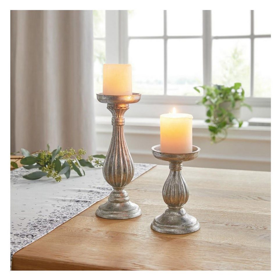 Home-trends24.de Kerzenhalter Kerzenhalter Halter Kerzenständer Deko  Windlicht Silber Holz Antik