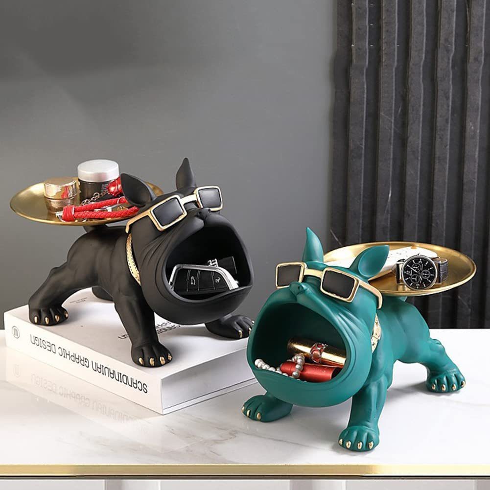 GelldG Dekofigur Bulldogge Deko Bulldogge Dekofigur Tablett Französische Tierskulptur