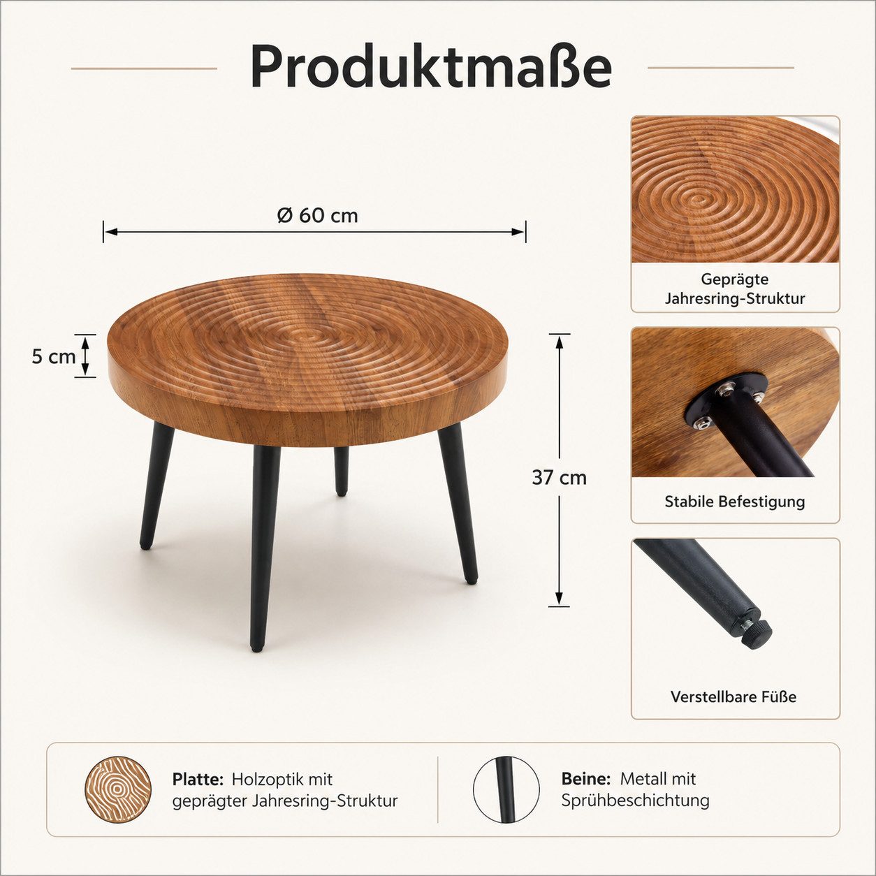 Celya Couchtisch Moderner runder Beistelltisch mit 5cm starker Tischplatte (mit Metallfüßen, vielseitig einsetzbar für Wohnzimmer, Café und Büro) – Bild 2 von 5