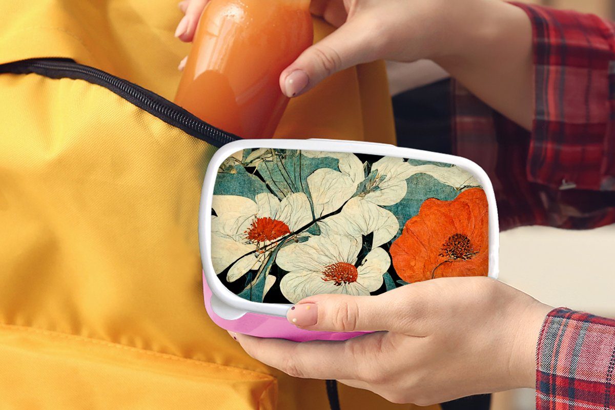 MuchoWow Lunchbox Blumen - Pflanzen Brotbox Mädchen, Brotdose Kunststoff, rosa Snackbox, - für (2-tlg), Orange, - Kunststoff Erwachsene, Kinder, Asien - Vintage