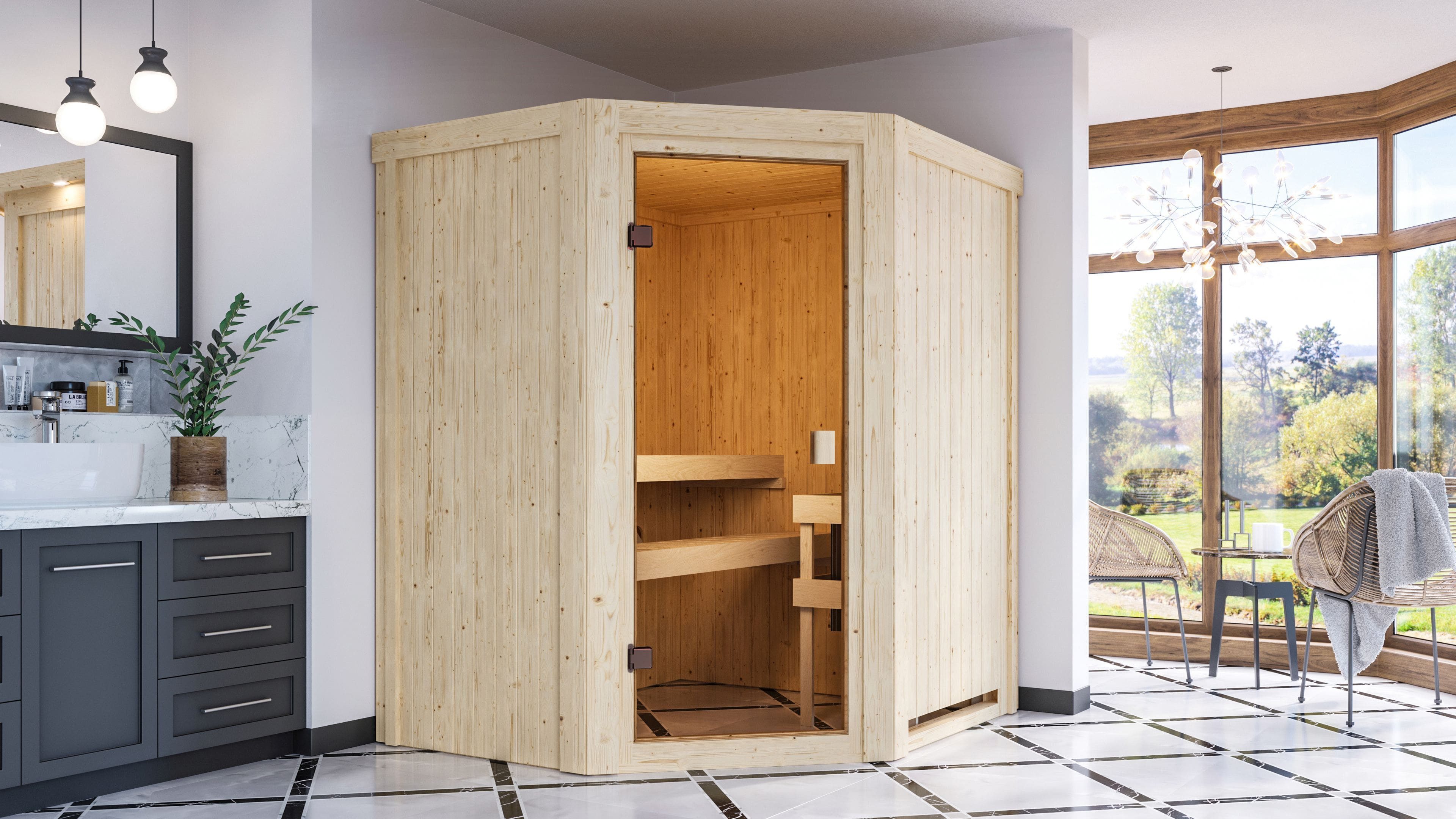 Karibu Sauna Innensauna Divna inkl. Saunaofen 3,6kW integr. Steuerung, nordisches Fichtenholz, Made in Germany, 68mm