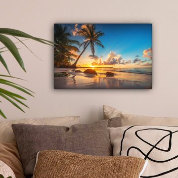 OneMillionCanvasses® Leinwandbild Strand - Meer - Palme - Sonnenuntergang, (1 St), Wandbild Leinwandbilder, Aufhängefertig, Wanddeko, 30x20 cm