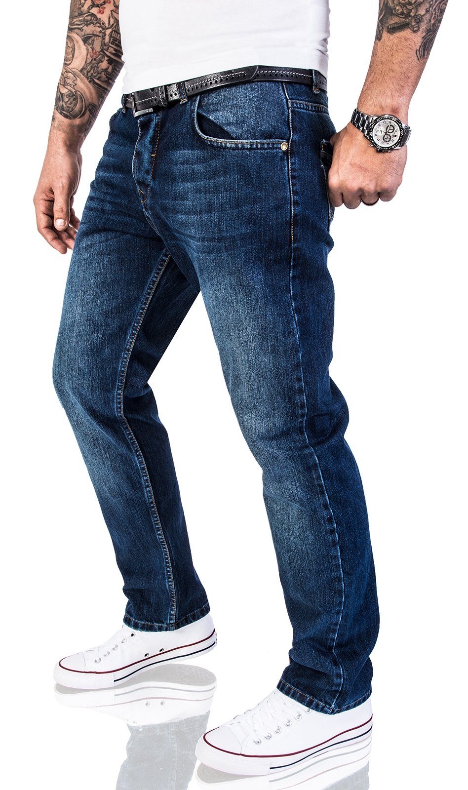 RC-2140 Herren Dunkelblau Straight-Jeans Rock Creek Stonewashed Jeans