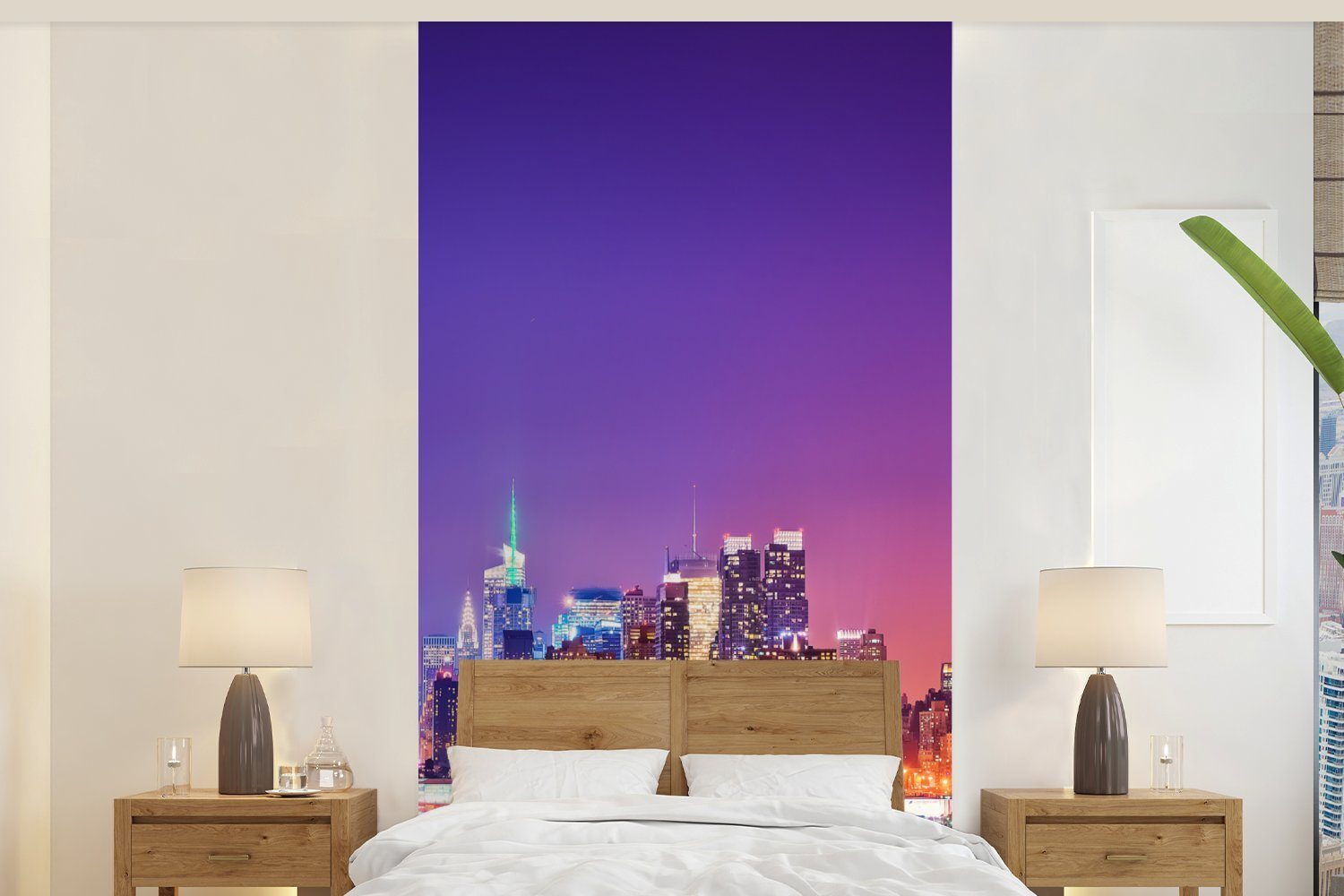 MuchoWow Fototapete New York - Skyline - Lila, Matt, bedruckt, (2 St), Vliestapete für Wohnzimmer Schlafzimmer Küche, Fototapete