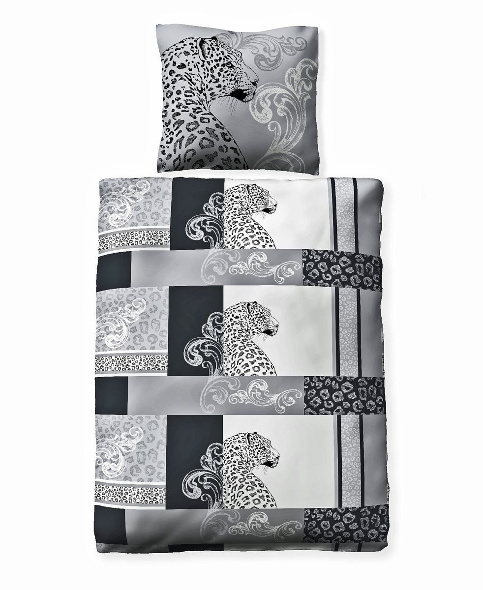 JACK Bettwäsche 135x200cm Leopard Schwarz Grau Weiß, Biber, 2 teilig, Leo L günstig online kaufen