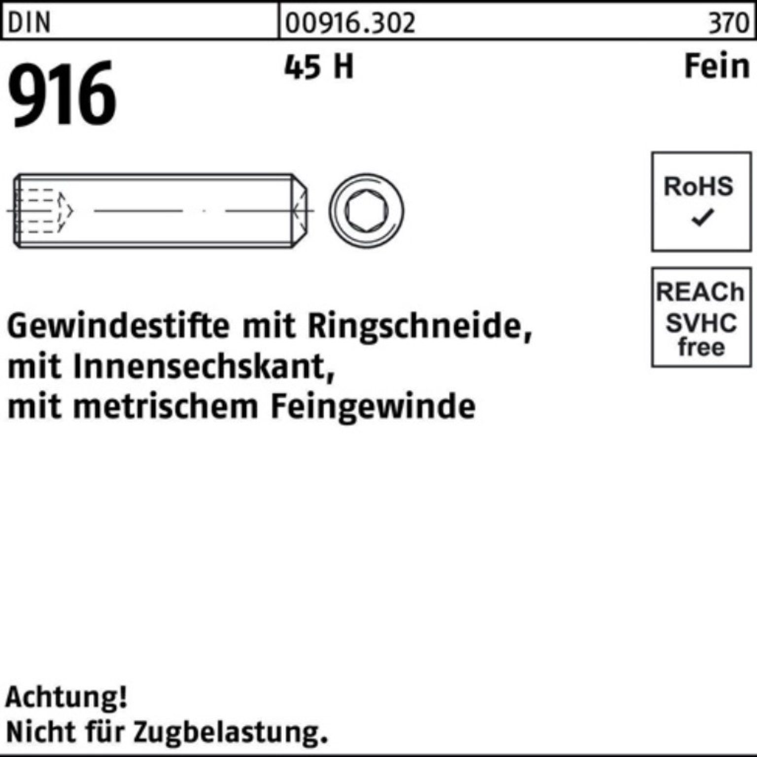 Pack 100er DIN Gewindestift Ringschn./Innen-6kt Reyher 45 Gewindebolzen M10x1,25x 916 H 30