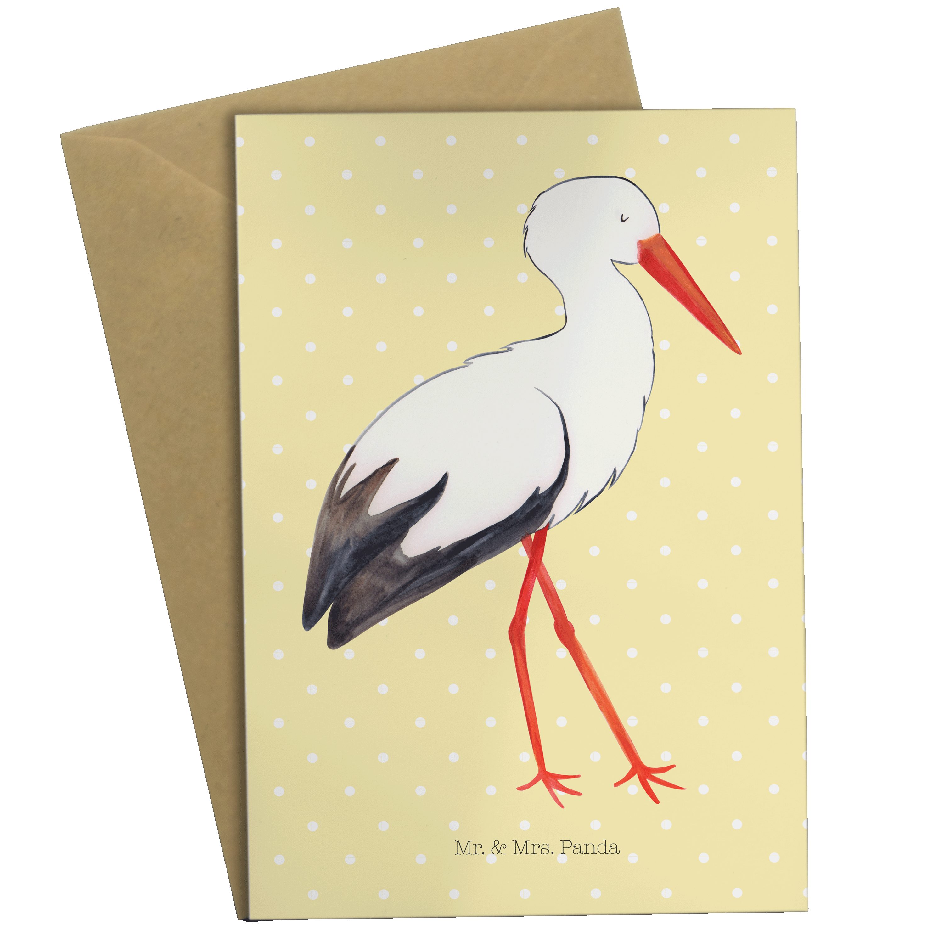 Mr. & Mrs. Panda Grußkarte Storch - Gelb Pastell - Geschenk, Karte, Mutter, Einladungskarte, Kla