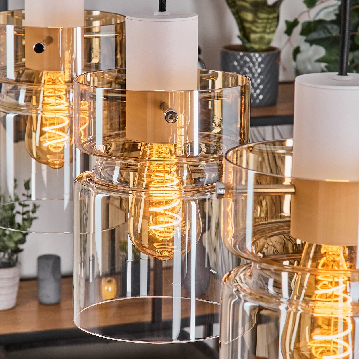 hofstein Hängeleuchte 3-flammige Hängelampe aus Metall/Glas in Weiß/Bernsteinfarben/Klar, ohne Leuchtmittel, Retro/Vintage-Pendelleuchte (15cm), E27, verstellbar bis 150cm