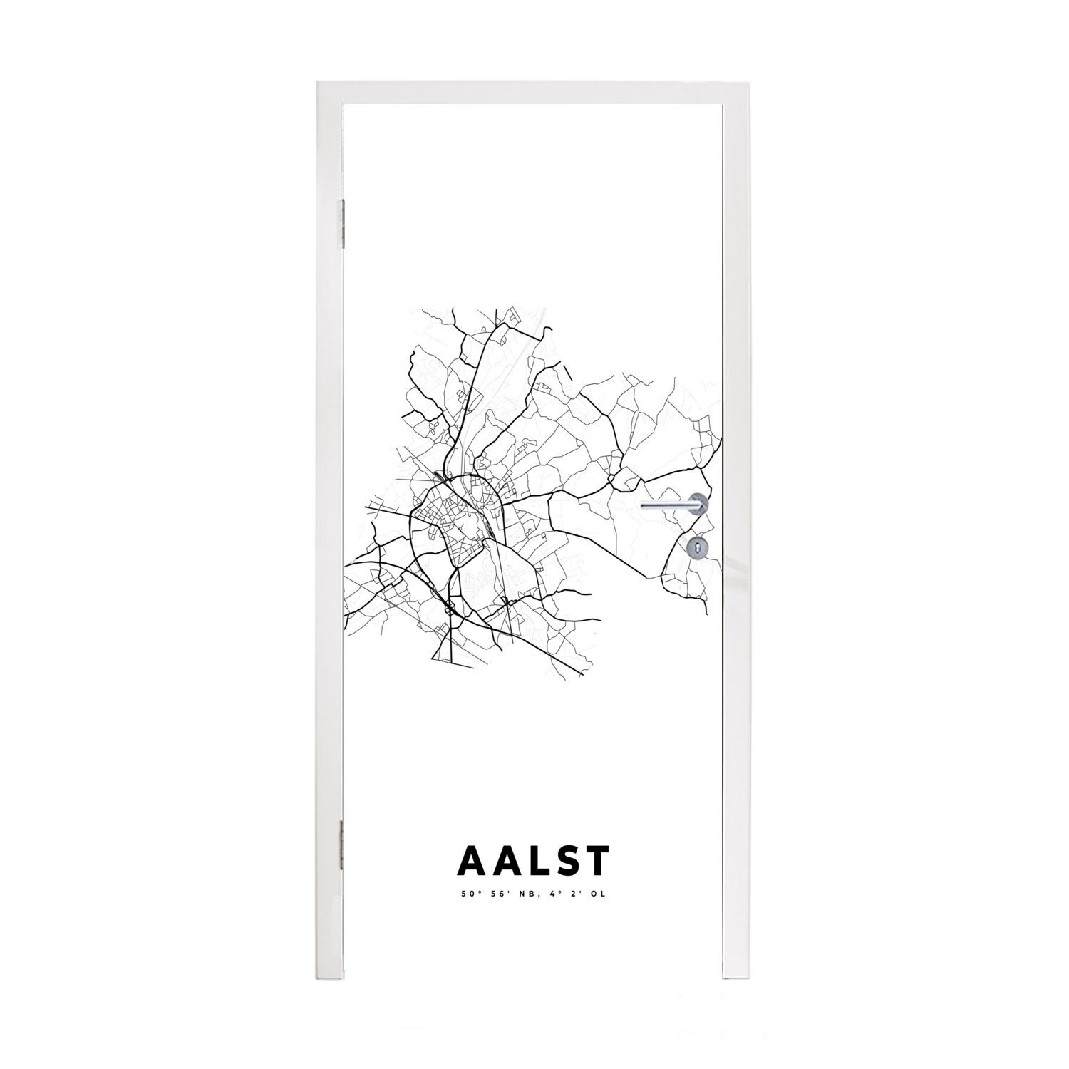 MuchoWow Türtapete Karte - Stadtplan - Aalst - Belgien - Schwarz und weiß, Matt, bedruckt, (1 St), Fototapete für Tür, Türaufkleber, 75x205 cm