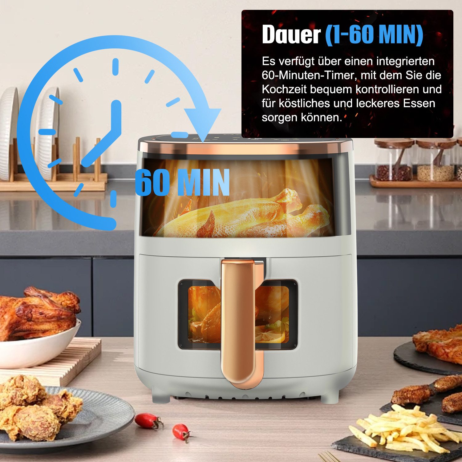 LETGOSPT Heißluftfritteuse Heißluftfritteuse 6L mit Sichtfenster Airfyer 1 kg Fassungsvermögen, 1800,00 W, bis 200°C, 8 Programme Heissluftfritteuse Easy Air Fryer Braten Rösten