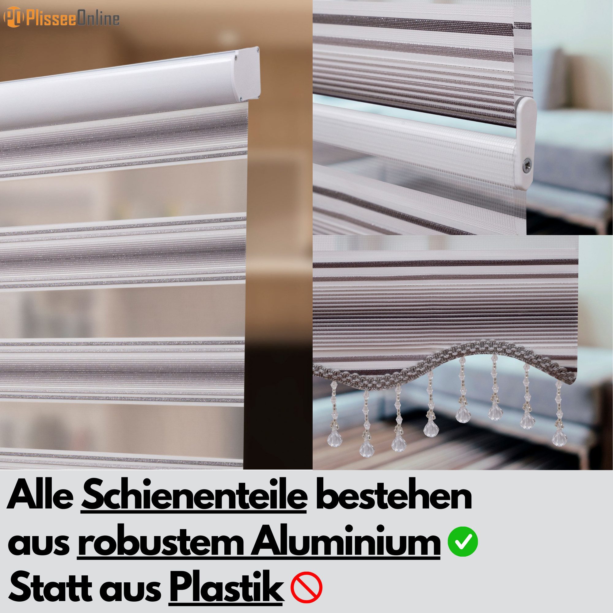 Doppelrollo Duorollo mit Kassette und Perlen in Weiß, Grau, Gold Höhe: 200 cm, Plisseeonline, blickdicht, Deckenmontage, Inkl. Montagezubehör Schrauben und Dübe – Bild 4 von 5