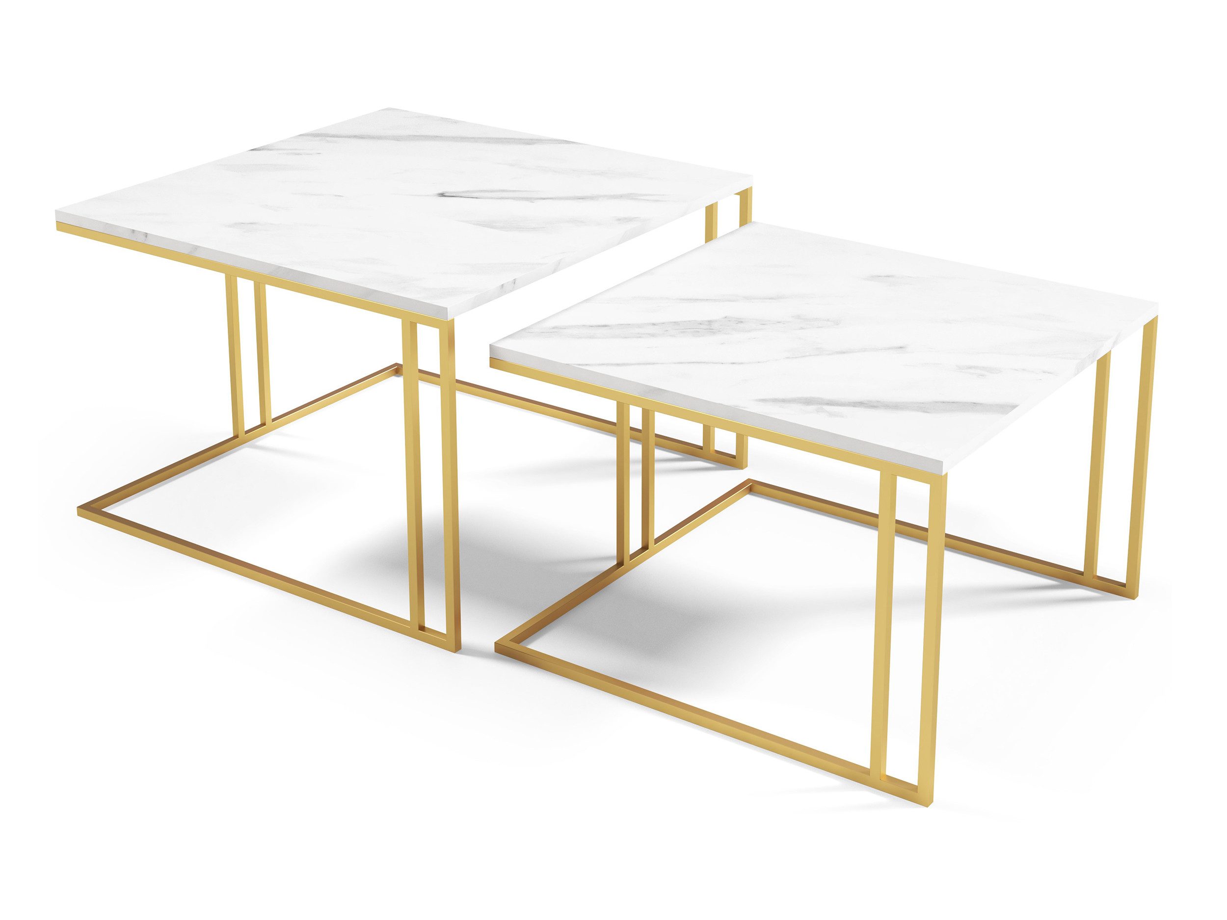 Beautysofa Couchtisch ASTRA im Loft-Stil, marmor tische für wohnzimmer (Wohnzimmertisch in Marmur-Bianco-Optik mit goldfarbenem Gestell, quadratisches Tisch Set), Doppel-Couchtisch, Stahlgestell, kratzfest, pflegeleicht