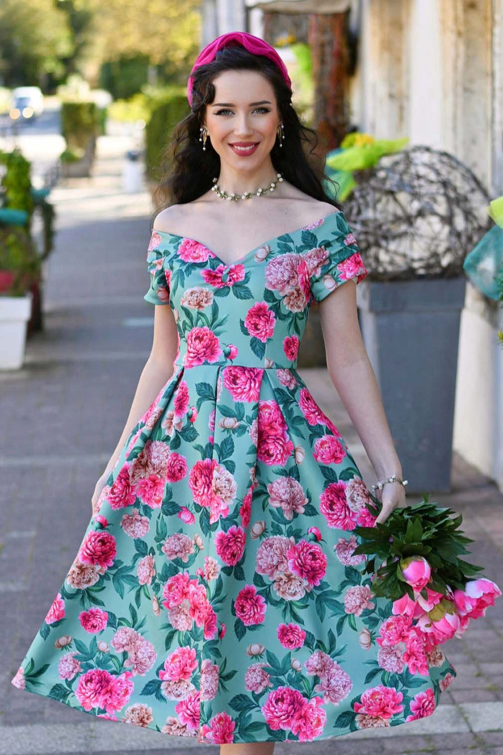 Dolly and Dotty A-Linien-Kleid Lily Mint & Pink Peony Off-Shoulder Vintage Retro