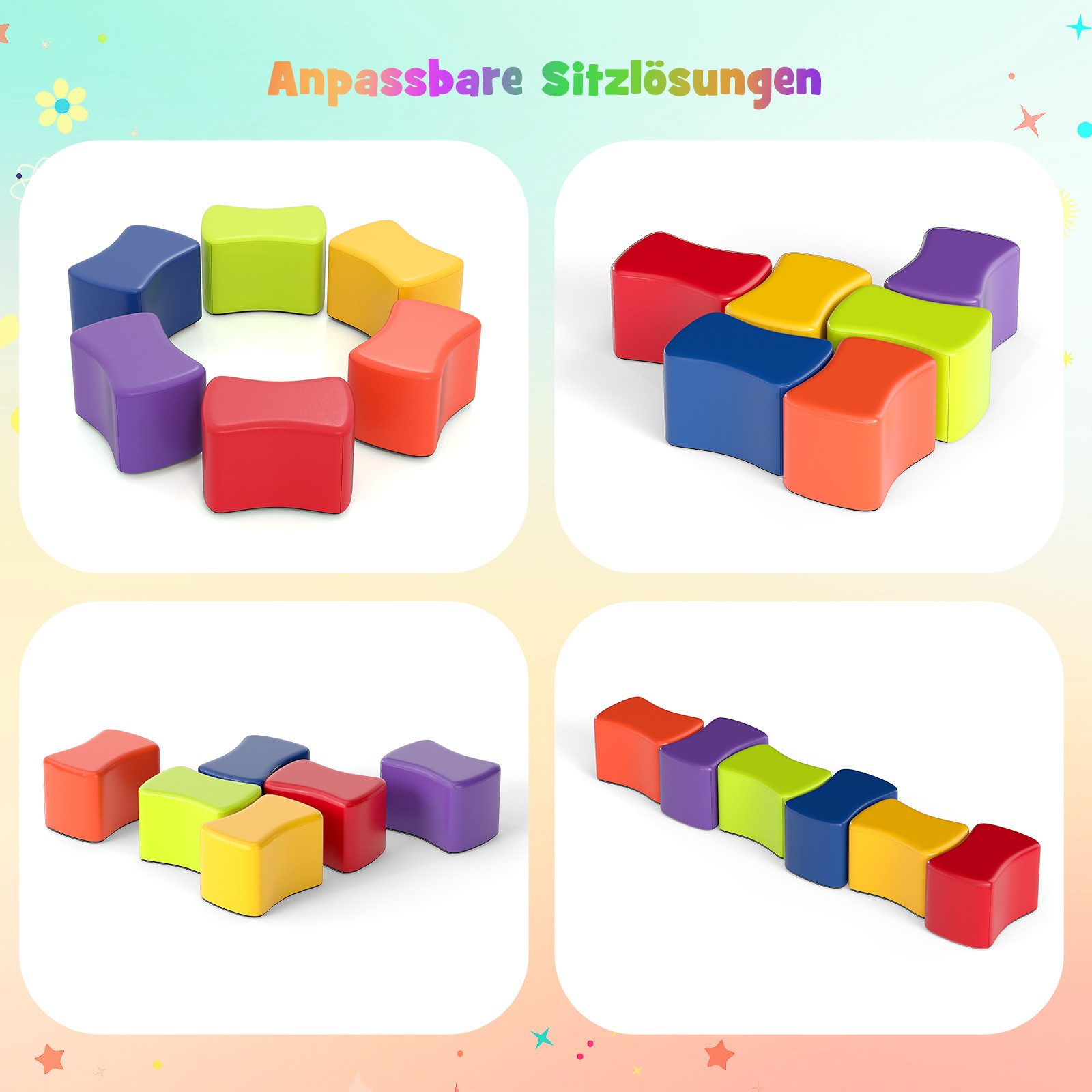 COSTWAY Kindersitzgruppe, (6-tlg), Modulare Hocker mit abnehmbarem Bezug