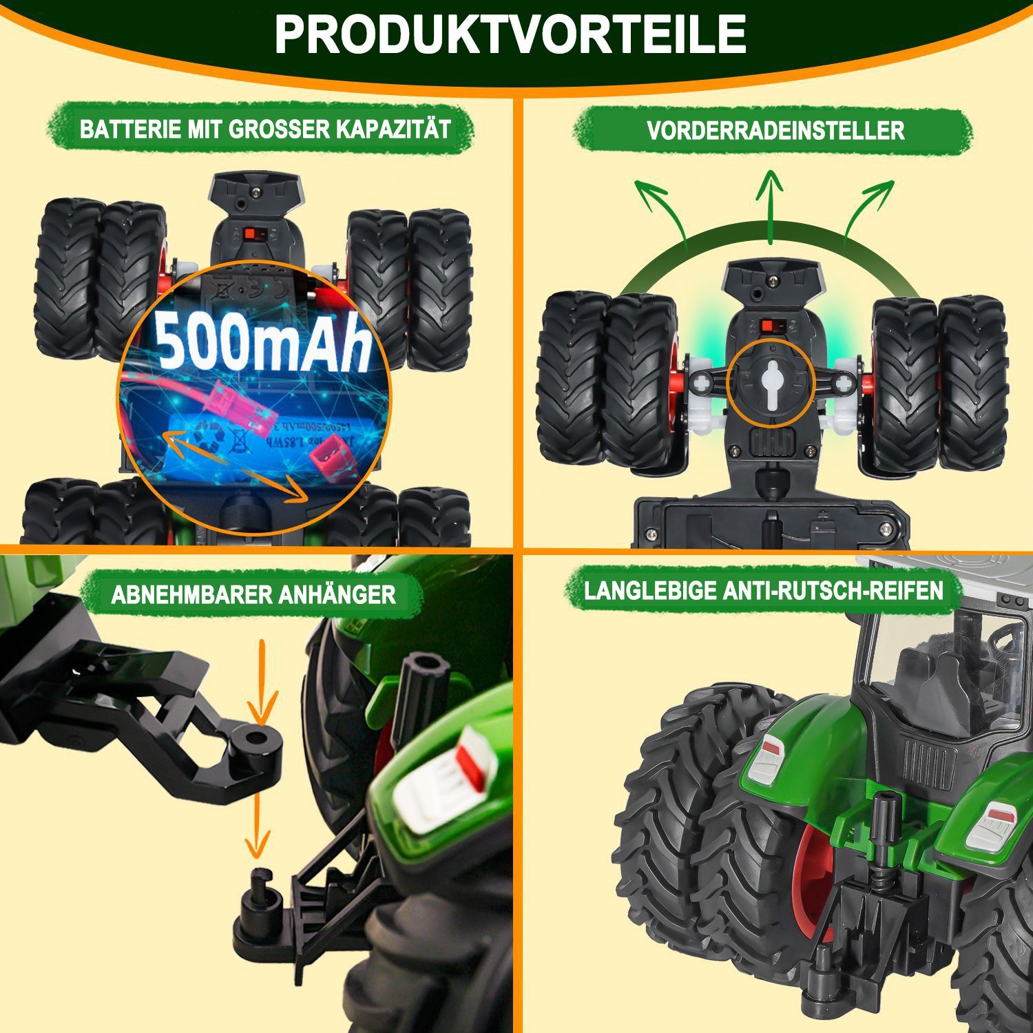 Esun RC-Traktor Ferngesteuerter Traktor Spielzeug ab 2 3 4 5Jahre, (Packung, Komplettset), Kuh, Schaf und Heuballen, Traktor mit Anhänger Spielzeug ab 2-5 Jahre