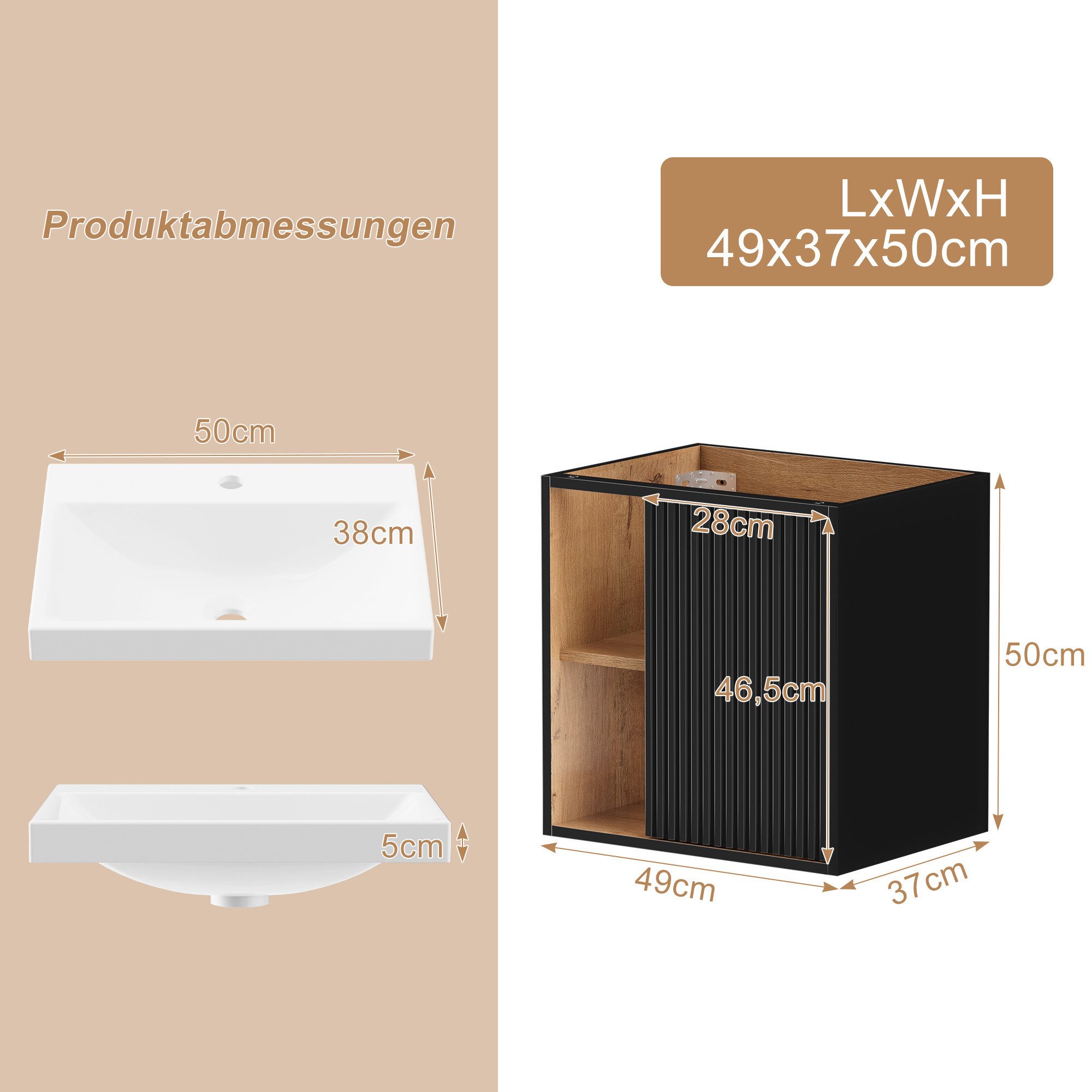 UEV Waschtisch klein Waschbecken mit Unterschrank set Badmöbel Gäste-WC hängend 50cm (Waschplatz ausreichend Stauraum,Badmöbel Set für Badezimmer, Unterschrank  – Bild 5 von 5