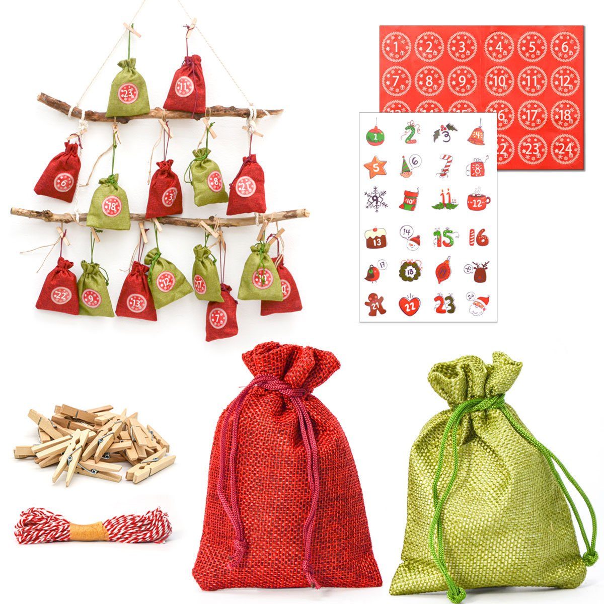 DuneDesign befüllbarer Adventskalender DIY Adventskalender Bastelset mit 24 Jutesäckchen, Nachhaltige Beutel mit Stickern und Zubehör zum Befüllen