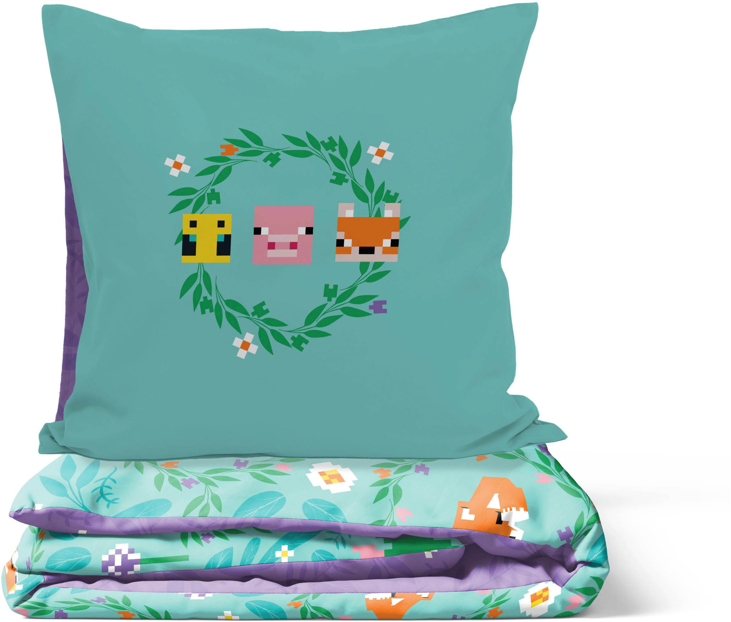 Minecraft Kinderbettwäsche Minecraft Bettbezug-Set 135x200 cm + Kissenbezug 80x80 cm, Washed Cotton, 2 teilig, 100 % Baumwolle, maschinenwaschbar, wendbar