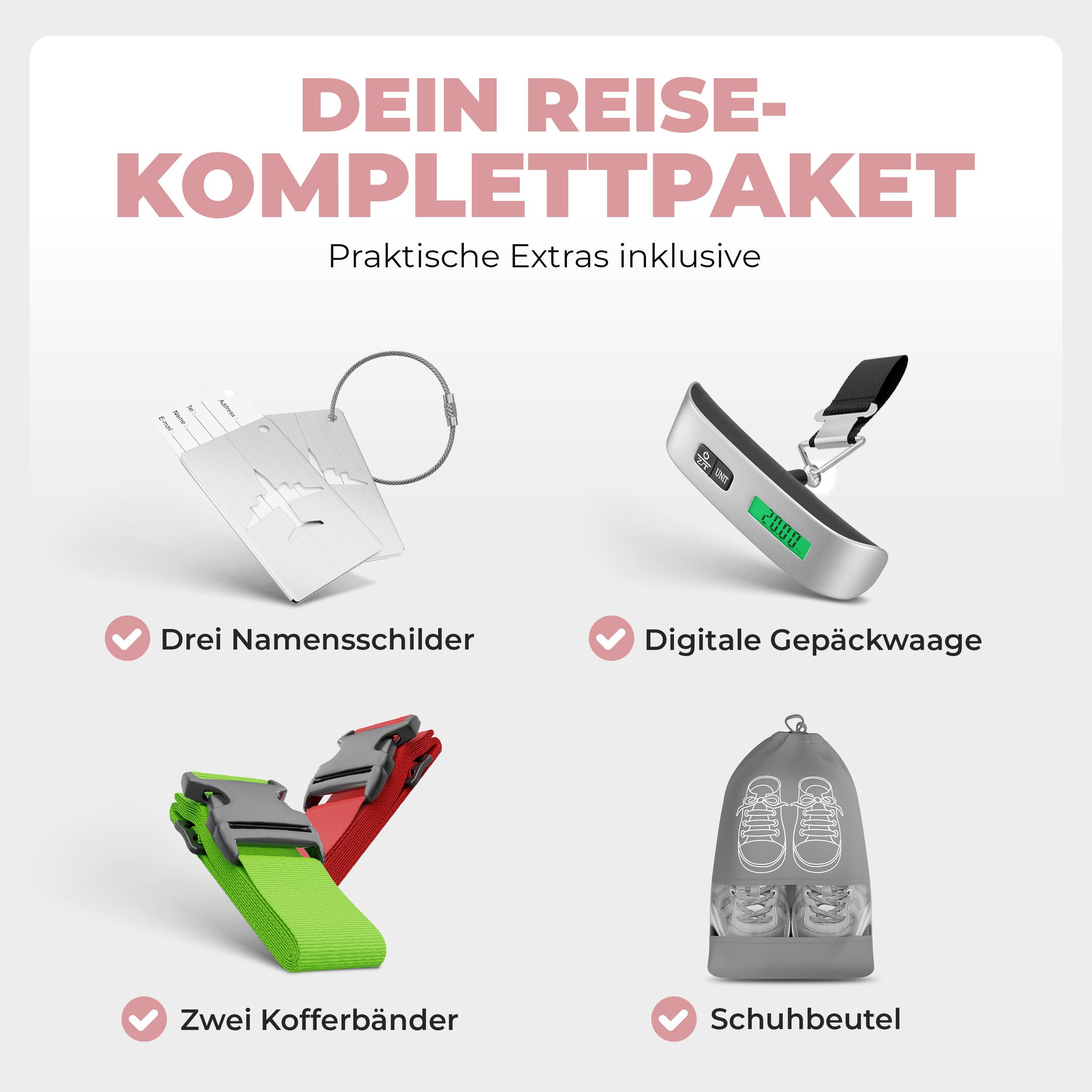 Onbest Kofferset 3er Hartschallen Trolley Set PREMIUM 20",24",28", 4 Rollen, (Set, 3 tlg., Hartschalen-Trolley Set), ABS-Material, mit viel Zubehör, wasserabweisend