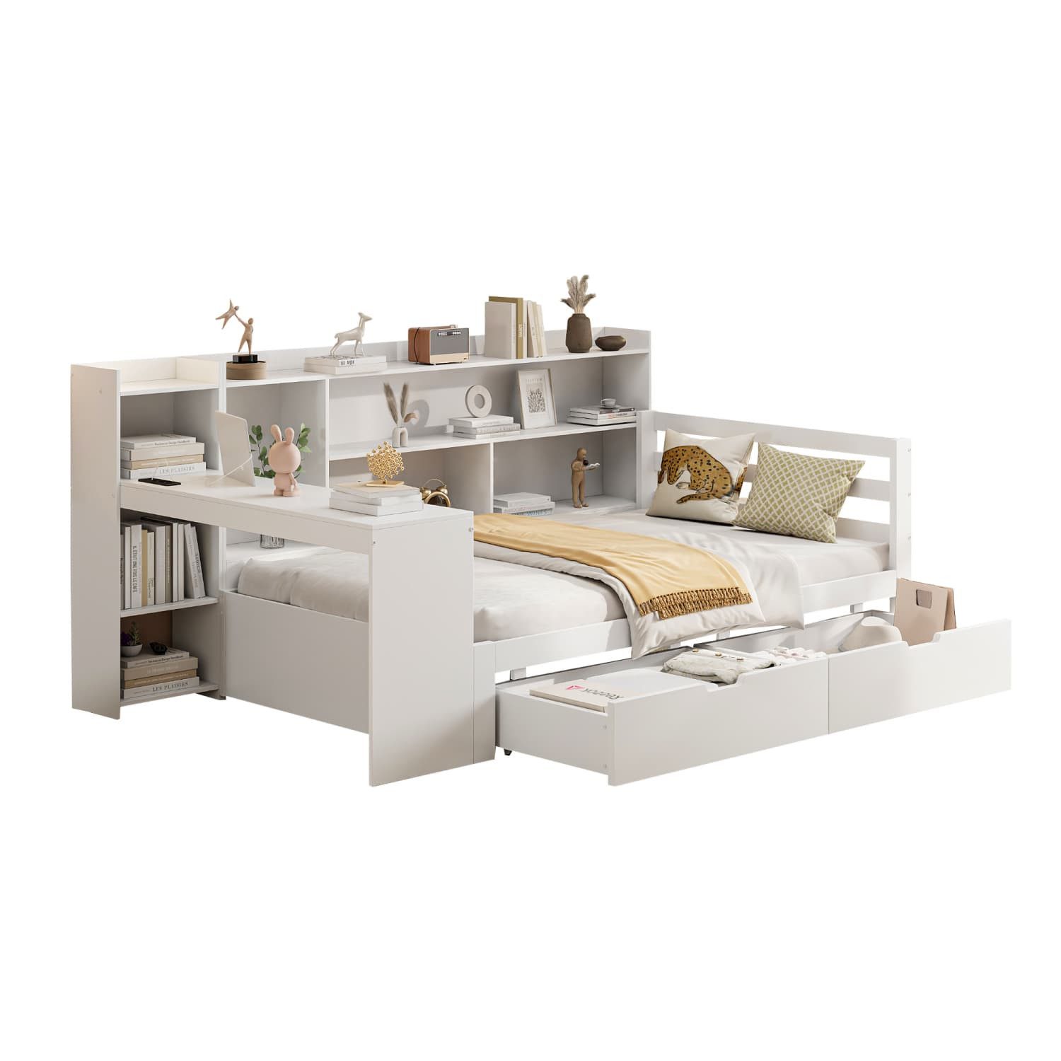 autolock Schlafsofa Schlafsofa aus Massivholz,Mit Schreibtisch Bücherregal Ablagefächern, Multifunktionales Holzbett mit Regalen,Steckdose,2 Ablagefächern