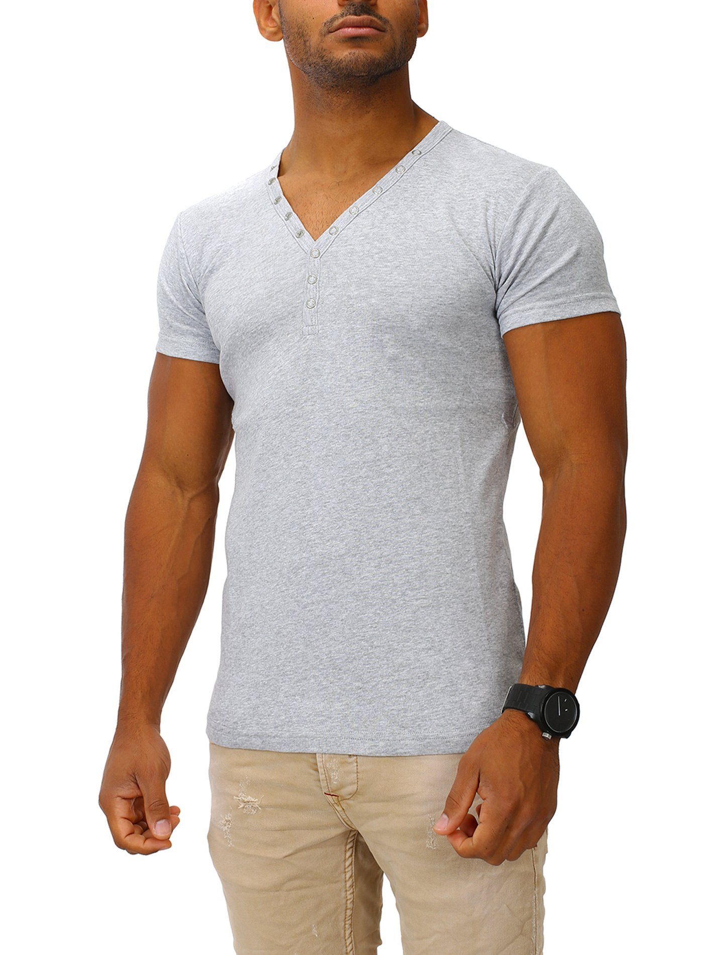 Joe Franks T-Shirt SMALL BUTTON in stylischem Slim Fit, Kurzarm Druckknopf grey melange