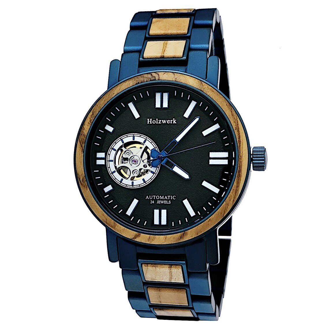 Holzwerk Automatikuhr COBURG Herren Edelstahl & Holz Armband Uhr, blau, schwarz, beige