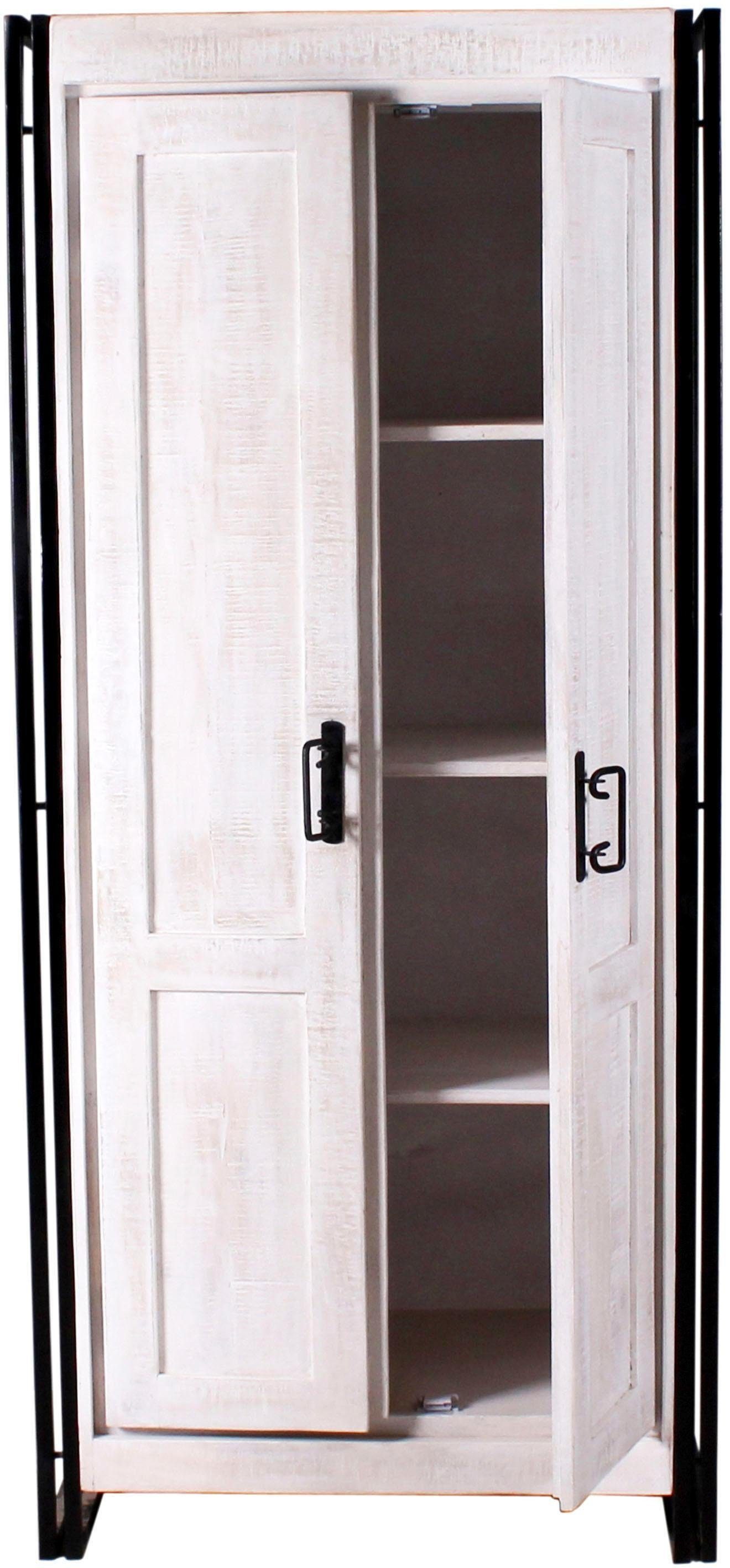 SIT Garderobenschrank CANE Mangoholz White Wash mit Altmetall-Akzenten Vintage-Look mit White Wash, Altmetall und Gebrauchsspuren