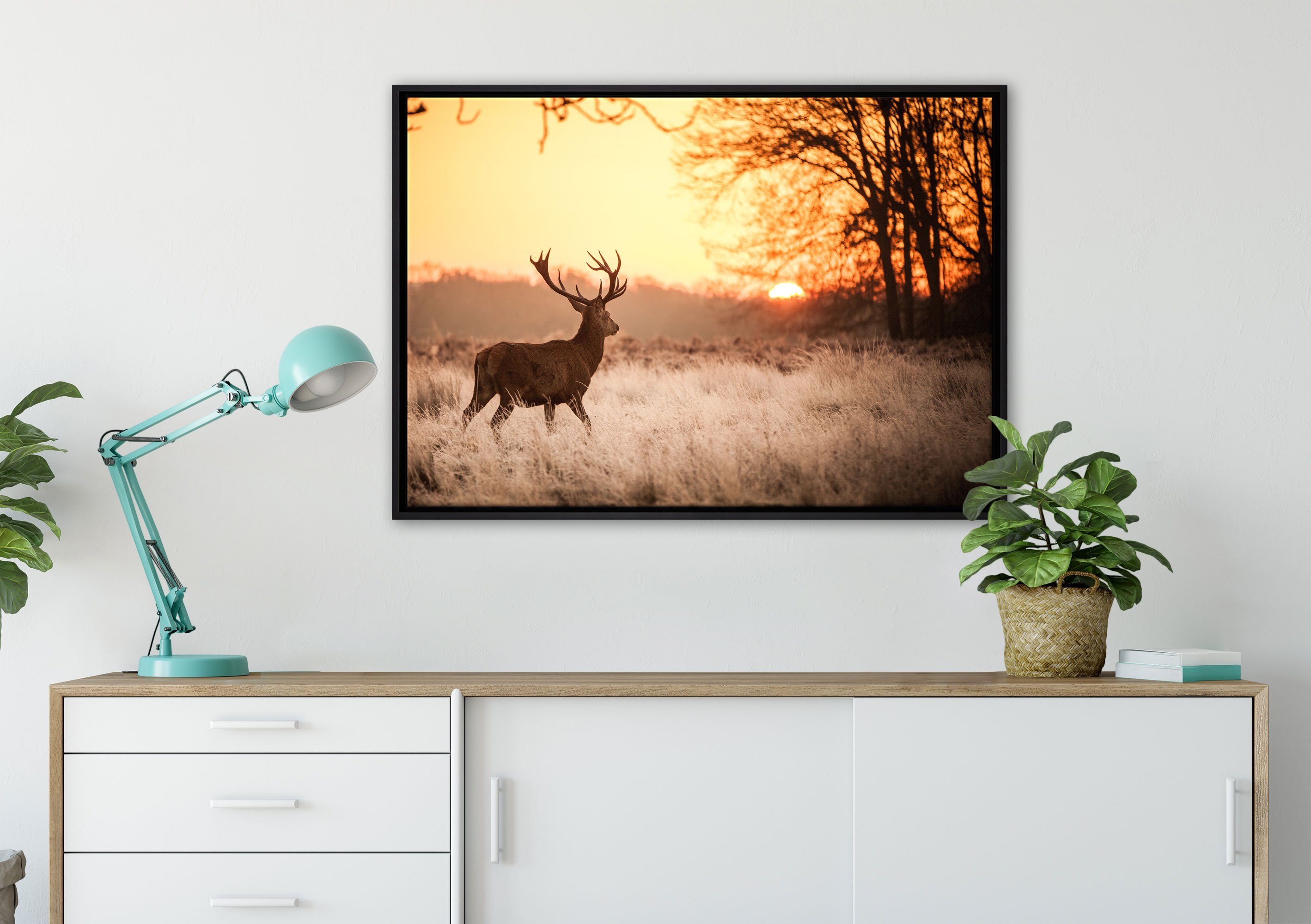 Leinwandbild Schattenfugen-Bilderrahmen fertig (1 St), gefasst, Leinwandbild Hirsch einem inkl. Wanddekoration Pixxprint Sonnenuntergang, im in bespannt, Zackenaufhänger