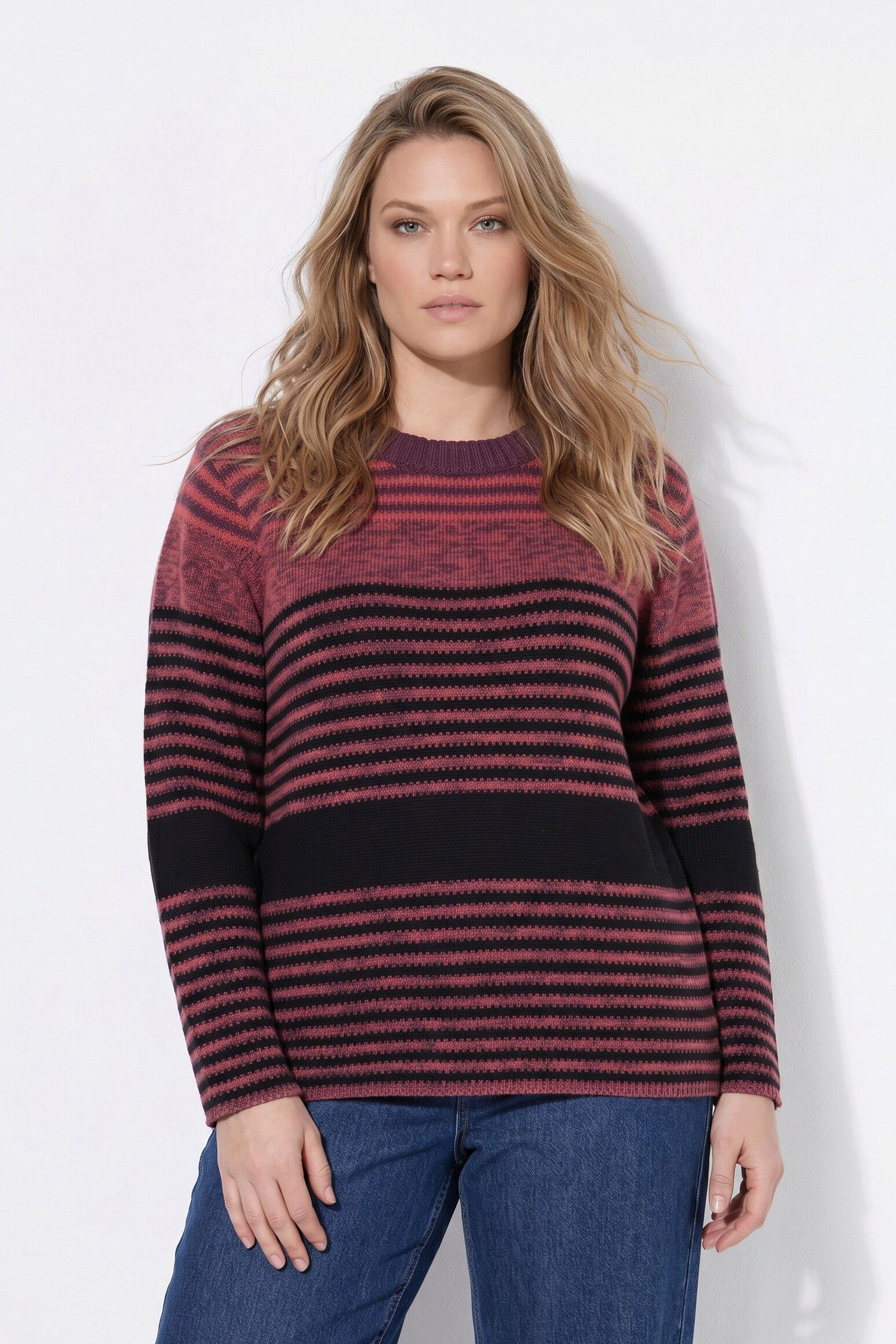 Ulla Popken Strickpullover Pullover Ringel Rundhals Langarm Biobaumwolle