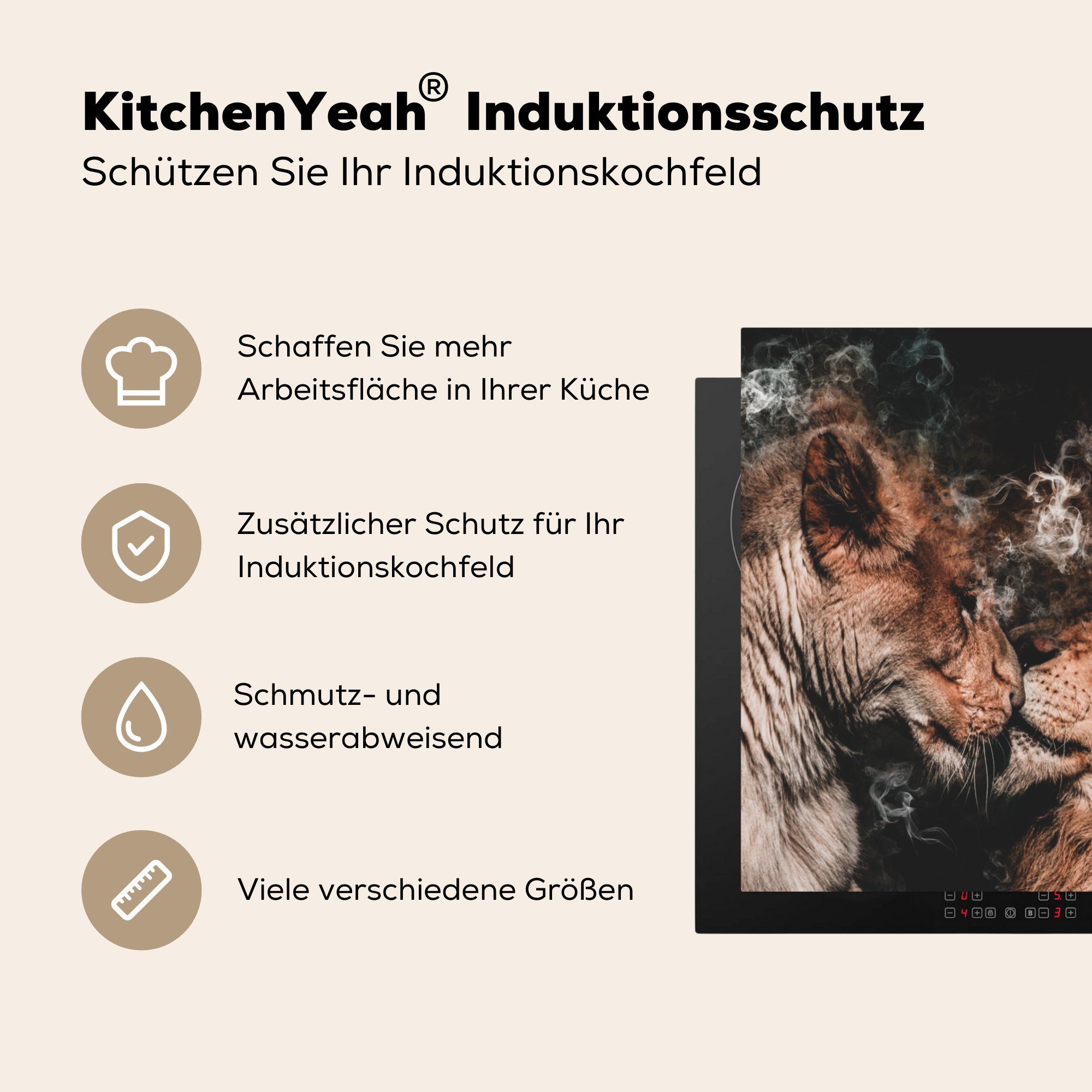 Vinyl, küche (1 - Ceranfeldabdeckung, Arbeitsplatte für Löwe Rauchen Liebe, MuchoWow 78x78 cm, tlg), - Herdblende-/Abdeckplatte