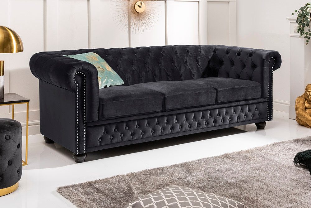 riess-ambiente Sofa CHESTERFIELD 205cm schwarz - Samt, Federkern, Knopfheft günstig online kaufen