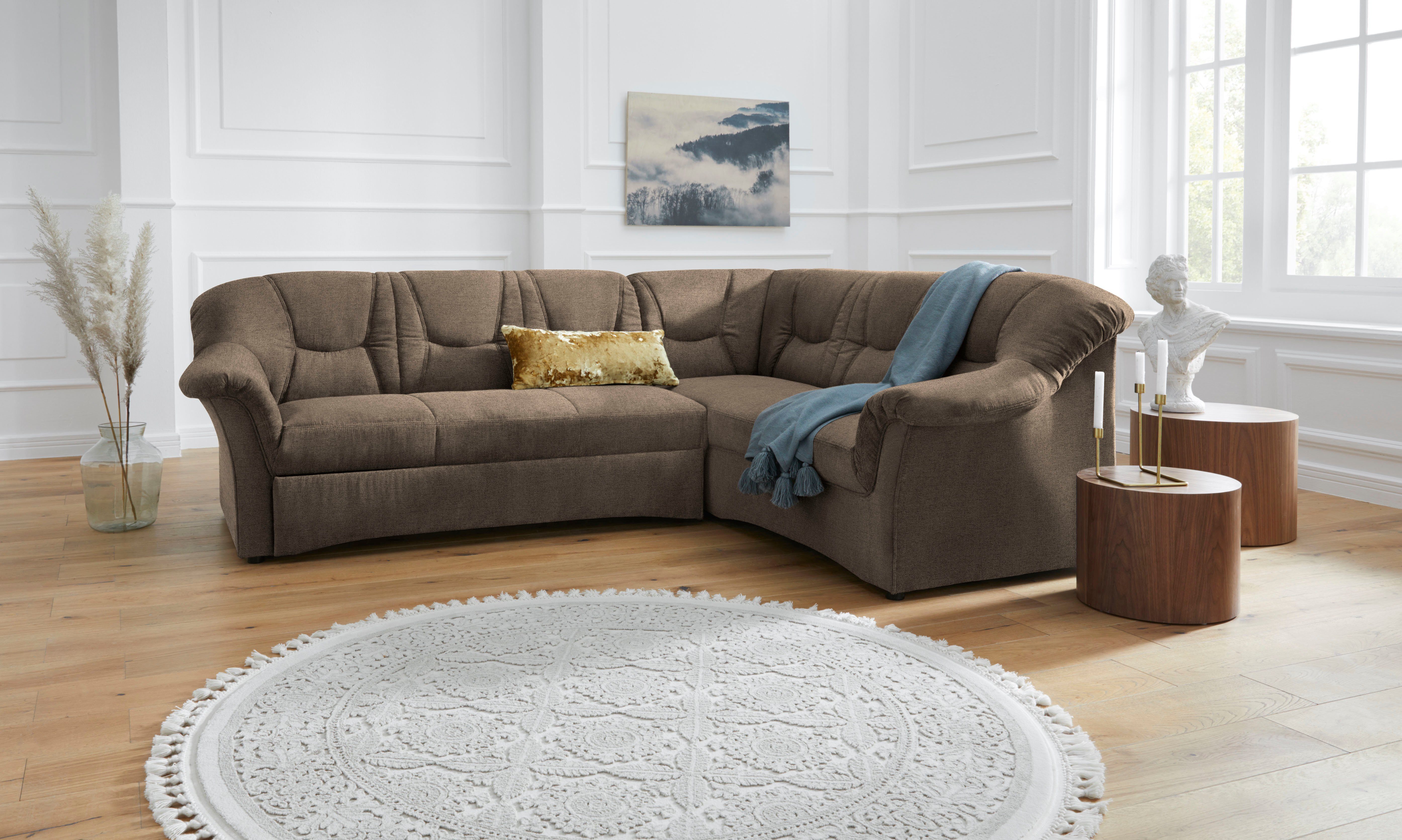 DOMO collection Ecksofa SARAFINA 240x190 cm, auch mit Federkern für mehr Sitzkomfort!, whlw. mit Bettfunktion, elegantes Design, L-Form