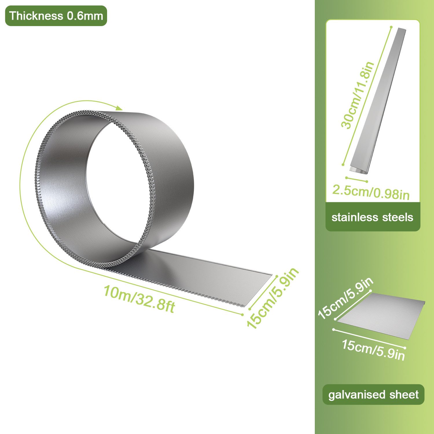 FIVMEN Rasenkante 5/10/15/20m Beetbegrenzung aus Metall, 15cm Hoch, Verzinkt Rasenbleche Mähkante Flexible, Silber/Schwarz/Rost
