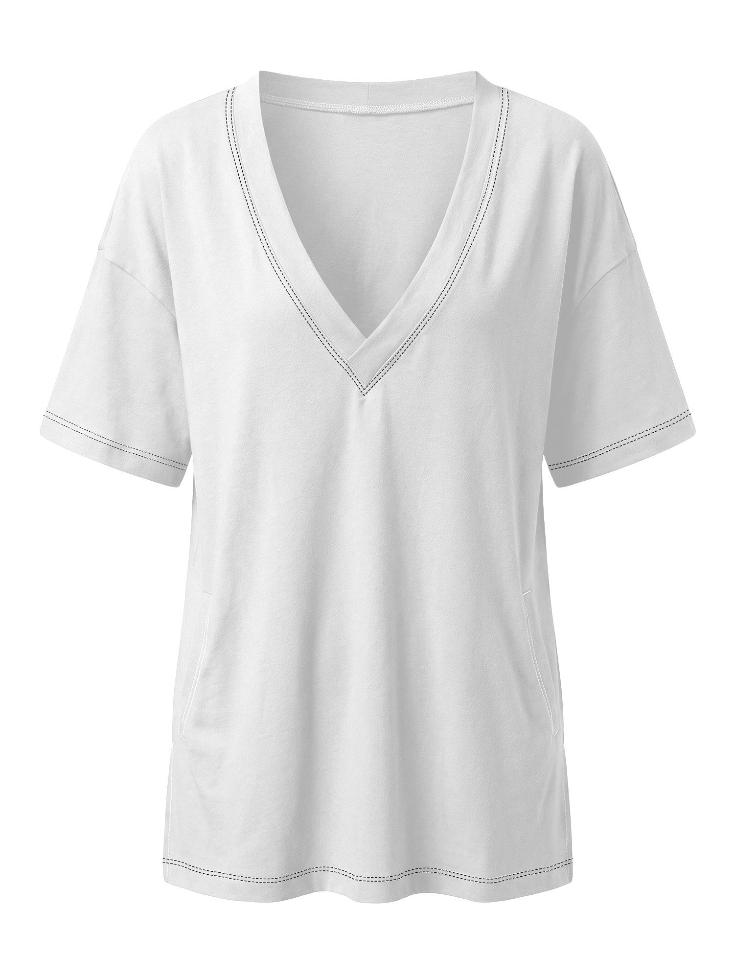 Imily Bela T-Shirt Damen Oversize mit tiefem V-Ausschnitt Cover-up Casual (Packung, 1-tlg., 1per-Pack) mit Seitenschlitzen Kontrastnähten – Bild 5 von 5