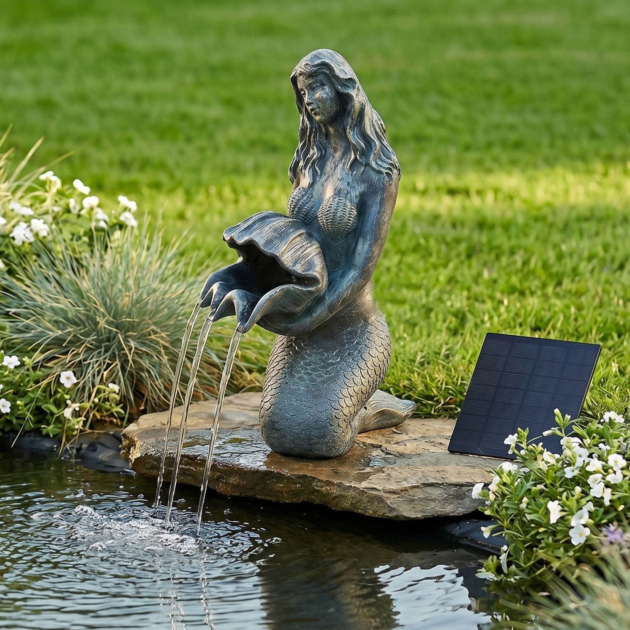 Arnusa Wasserspeier Solar Springbrunnen Meerjungfrau mit Pumpe Wasserspiel Teich, Teichdekoration Gartenfigur Bronze-Optik 27 cm