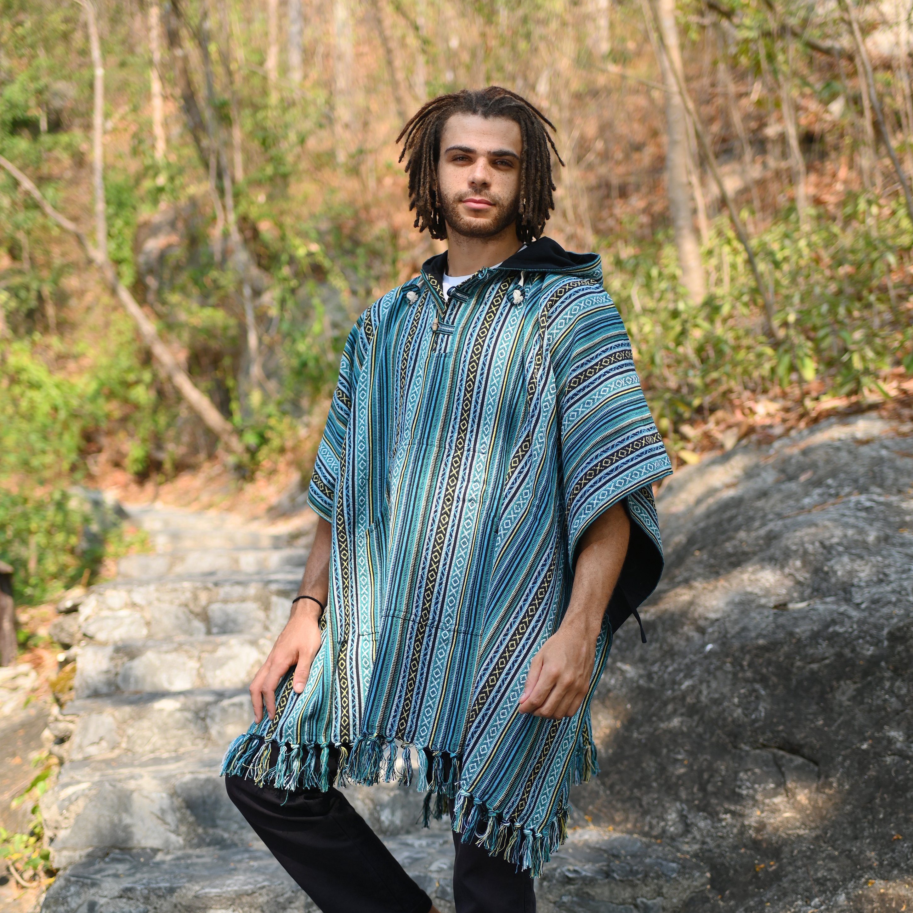 virblatt Poncho Herren & Poncho Damen, Baumwolle, Poncho Winter Jerga Hoodie Mexican zum Wenden