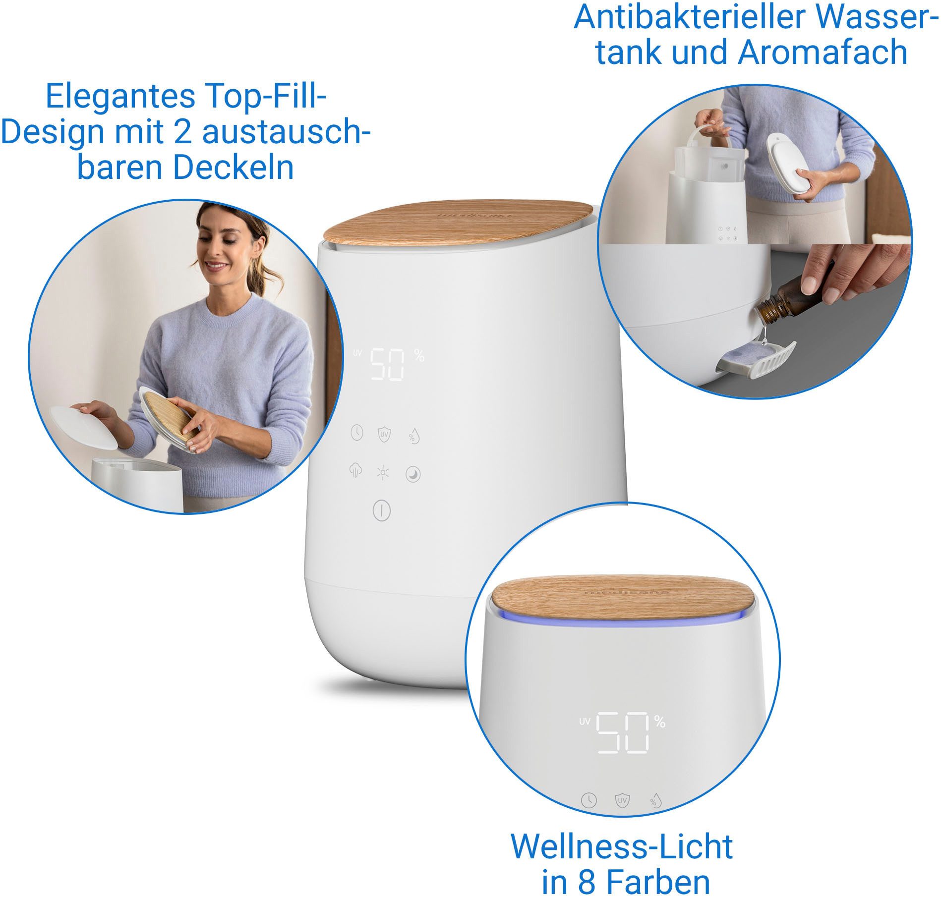 medisana Luftbefeuchter AH 680, 2,6 l Wassertank, 2,6 l Tank, Luftfeuchtigkeitssensor, antibakteriellem Tank, Aromafach
