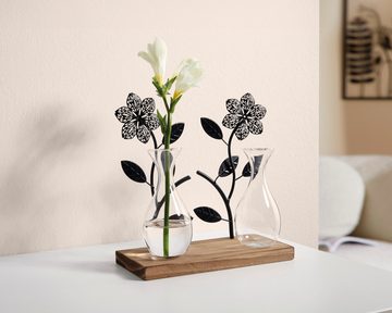 Dekoleidenschaft Dekovase "Flowers" Board aus Holz, 2 Metall Blumen in schwarz, 2 Vasen aus Glas, Dekoboard, Vasenhalter, Blumenvase, Vasenset, Glasvase, Tischdeko