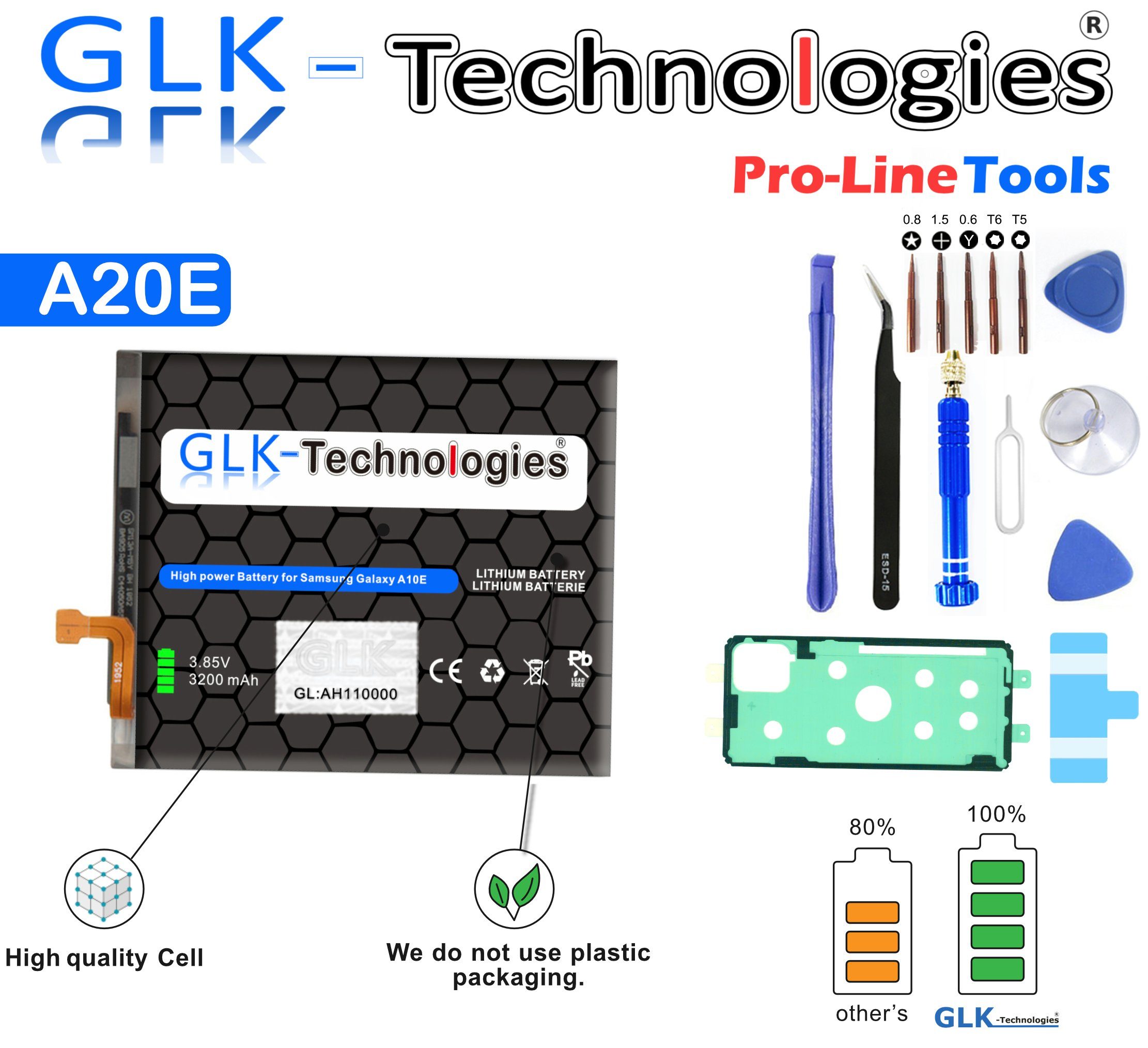 GLK-Technologies High Power Ersatzakku kompatibel mit Samsung Galaxy A20e SM-A102 SM-A102N SM-A102P GLK-Technologies Battery accu 3200mAh Akku inkl. Profi Werkzeug Set Kit NUE Handy-Akku 3200 mAh (3,8 V)