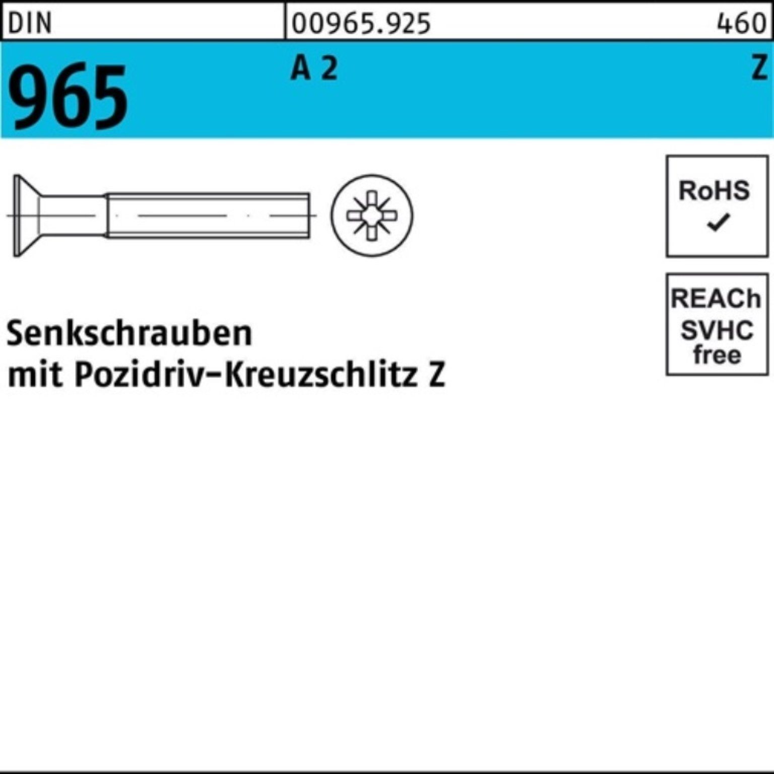 Reyher Senkschraube 100er Pack Senkschraube DIN 965 PZ M6x 80-Z A 2 100 Stück DIN 965 A 2
