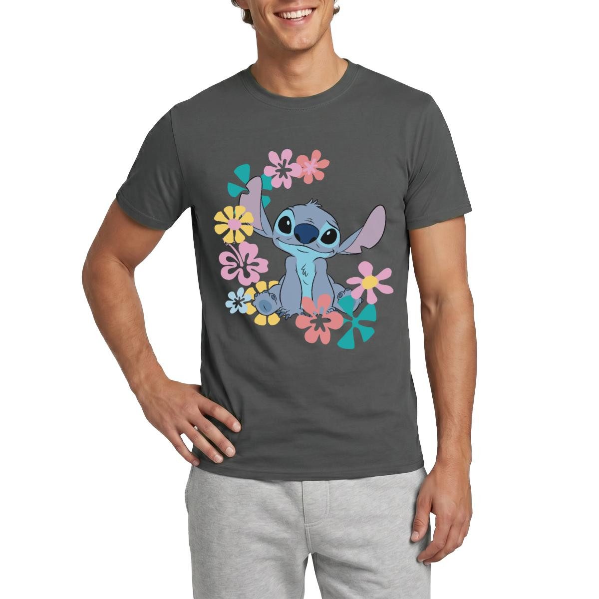 T-Shirt Lilo & Stitch, Stitch Mit Hawaiianischen Blumen Männer T-Shirt