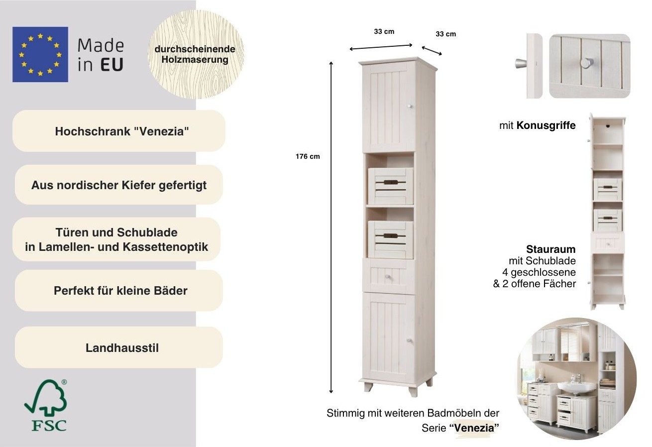 welltime Hochschrank Venezia Landhaus Badmöbel, aus massiver Kiefer, 2 Türen, 1 Schublade, Breite 33 cm