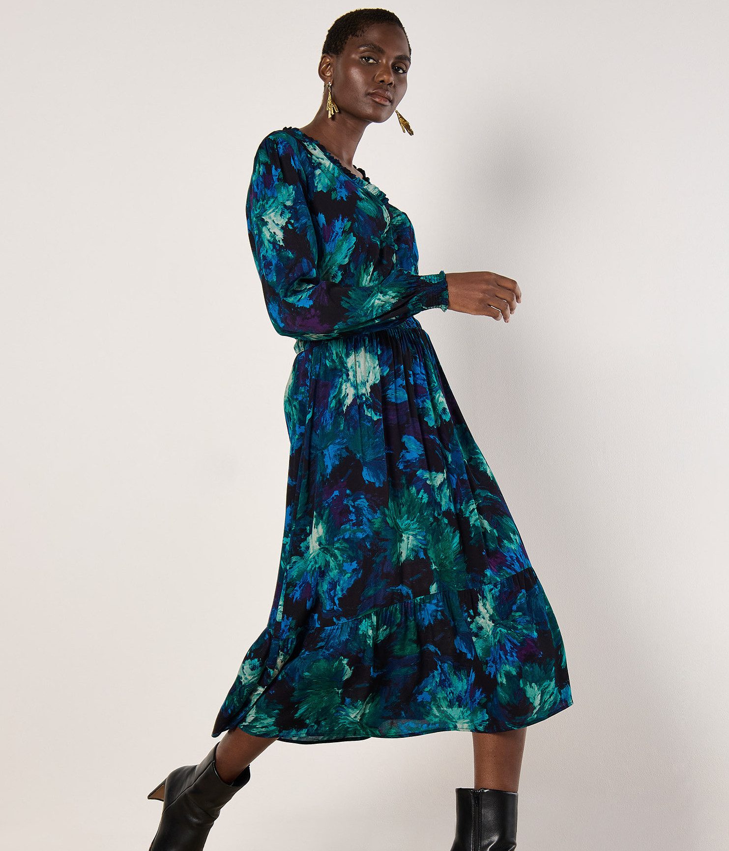 Apricot Druckkleid Abstraktes Midikleid mit Blumenmuster, günstig online kaufen