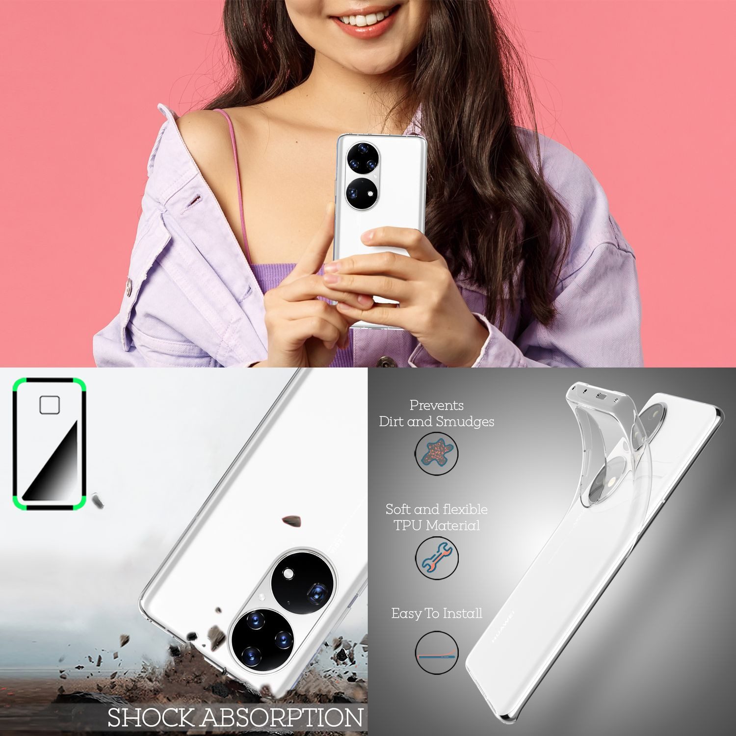 Nalia Smartphone-Hülle Huawei P50 Pro 16,8 cm (6,6 Zoll), GLAZE Case - Transparentes Silikon, Anti-Watermark & Schlank