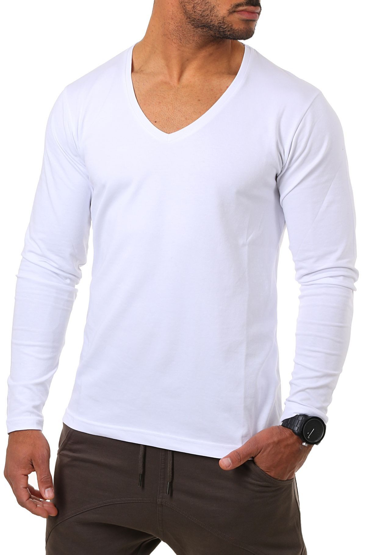 Young & Rich T-Shirt Herren Uni Basic extra tiefer Ausschnitt Unterziehshirt 2239 3er Pack (3er-Pack, 3-tlg., 3er-Pack) V-Ausschnitt unifarben langarm slim fit