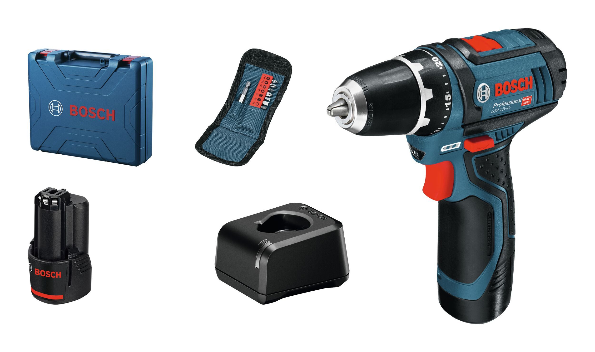 BOSCH Akku-Bohrschrauber GSR 12V-15, 12 V, Heavy Duty mit 2x Akku 2 Ah - im Handwerkerkoffer