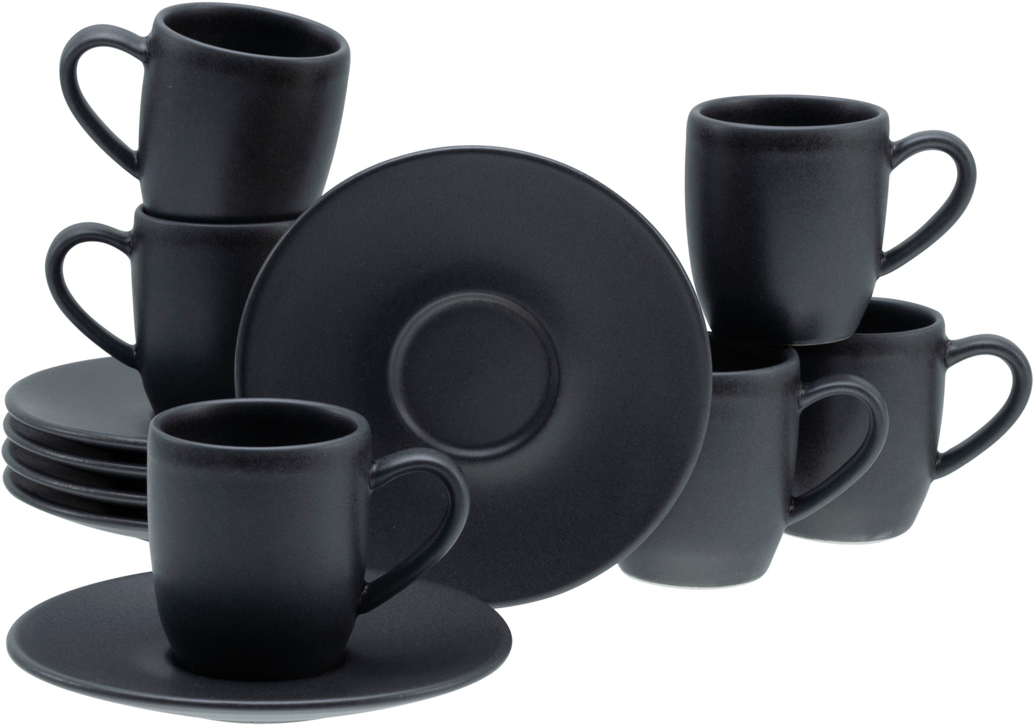 CreaTable Espressotasse Soft Touch Black, 12-tlg., Steinzeug, 12-teilig, inkl. Untertasse