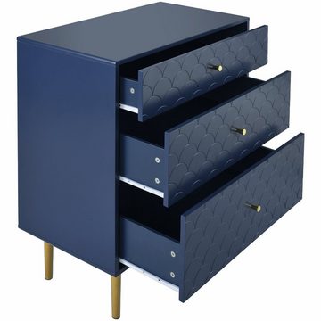 Ulife Schubkastenkommode Blaue Kommode mit 3 Schubladen & 4 goldenen Beine, Schubladenoberfläche mit Wellenmuster
