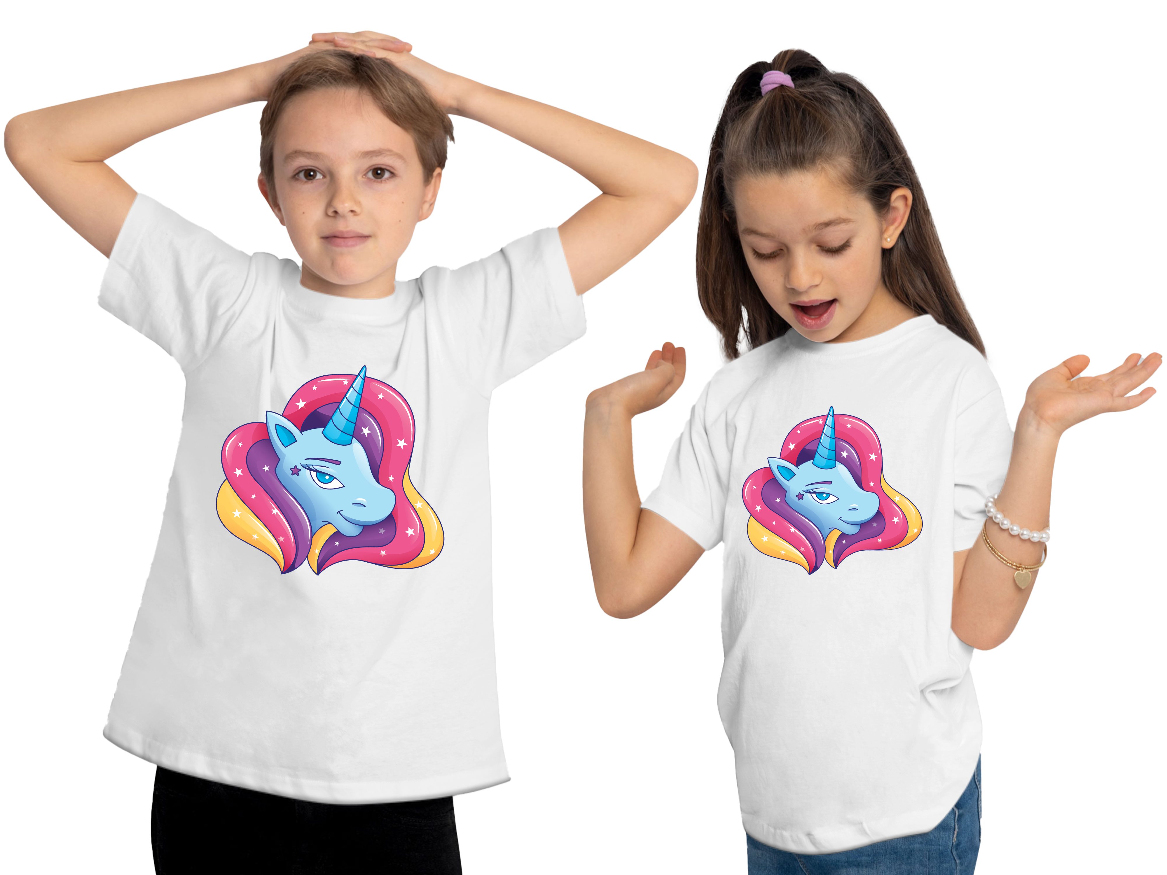 bedrucktes Regenbogenmähne - Einhorn weiss Baumwollshirt Kopf Aufdruck, MyDesign24 T-Shirt Mädchen Kinder mit mit i195 Print-Shirt